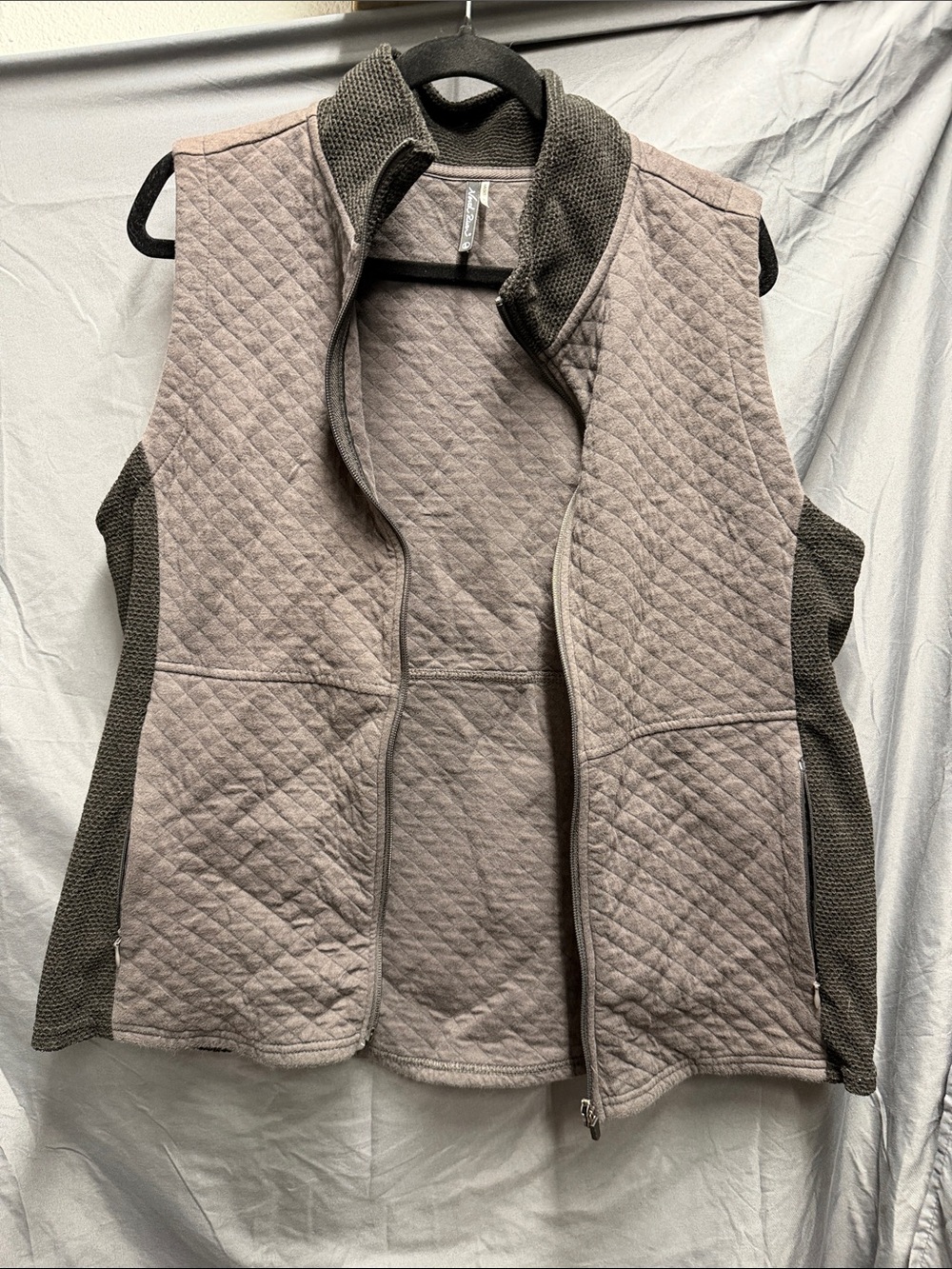 Quilted Women's Vest in Taupe with Dark Gray Trim